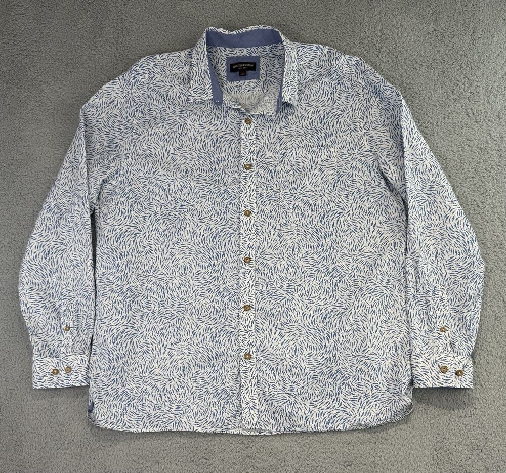 Johnston & Murphy Shirt Mens XL Blue White Fish Print Linen Flip Cuffs Button-Up